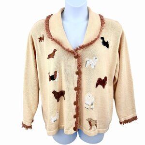STORYBOOK KNITS HSN EMBROIDERED DOG FRINGED IVORY & BROWN CARDIGAN SWEATER 2X